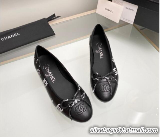 Low Cost Chanel CC Printed Leather Classic Ballet Flat Black 014081