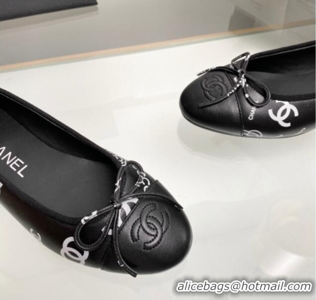 Low Cost Chanel CC Printed Leather Classic Ballet Flat Black 014081