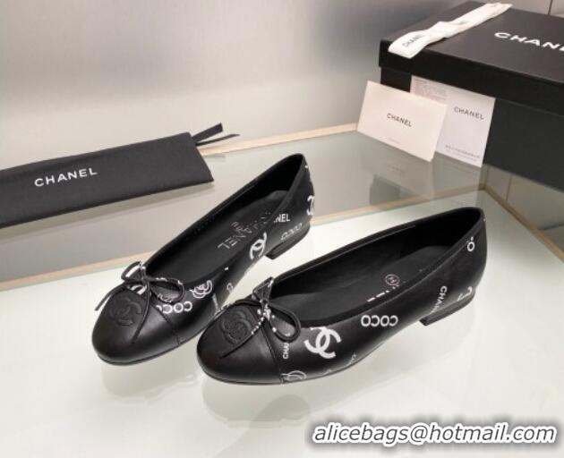 Low Cost Chanel CC Printed Leather Classic Ballet Flat Black 014081