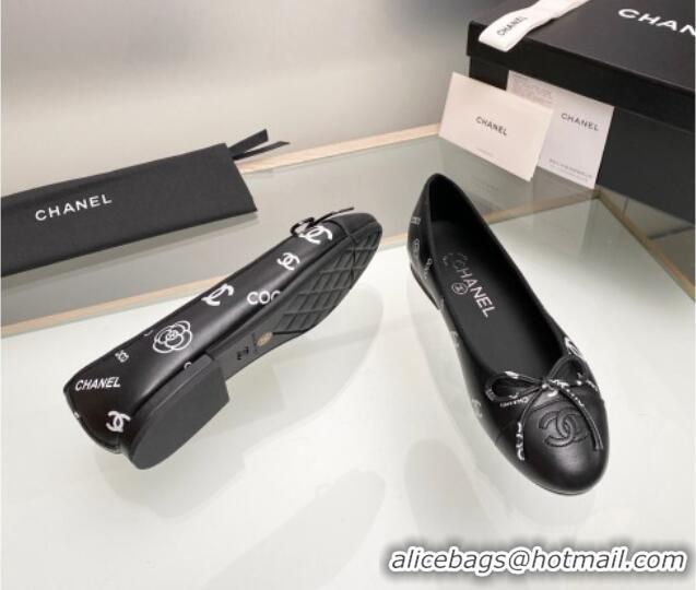 Low Cost Chanel CC Printed Leather Classic Ballet Flat Black 014081