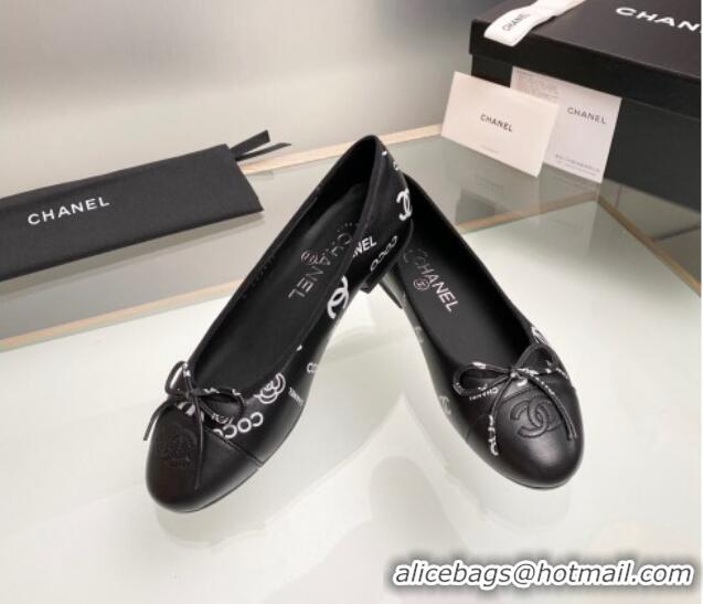 Low Cost Chanel CC Printed Leather Classic Ballet Flat Black 014081