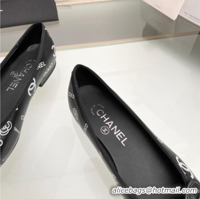 Low Cost Chanel CC Printed Leather Classic Ballet Flat Black 014081