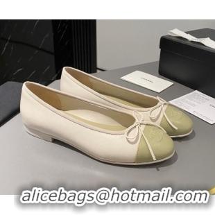 Best Product Chanel Leather Classic Ballet Flat White/Light Green 016006