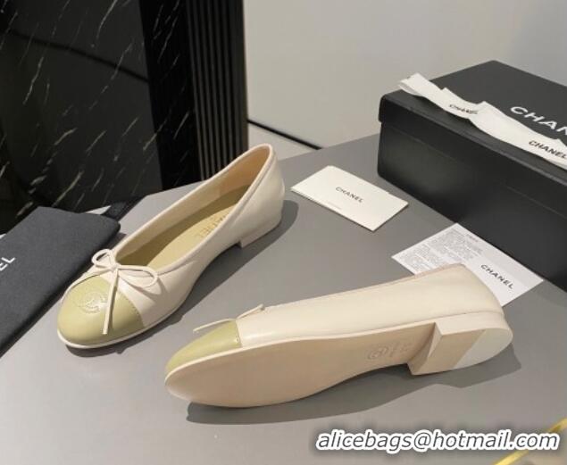 Best Product Chanel Leather Classic Ballet Flat White/Light Green 016006