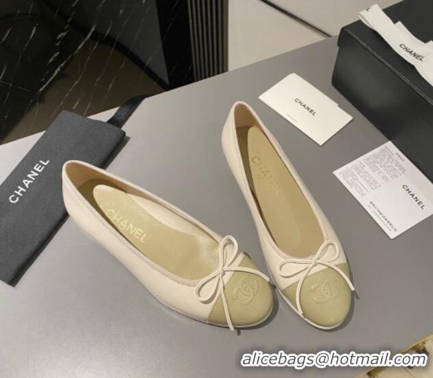 Best Product Chanel Leather Classic Ballet Flat White/Light Green 016006