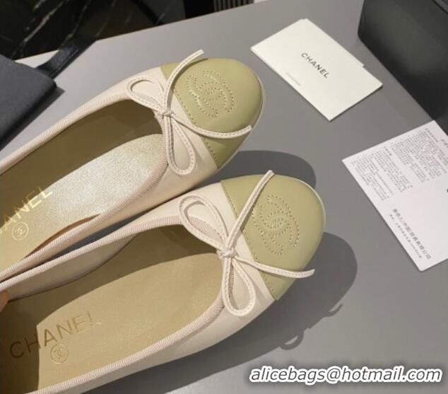 Best Product Chanel Leather Classic Ballet Flat White/Light Green 016006