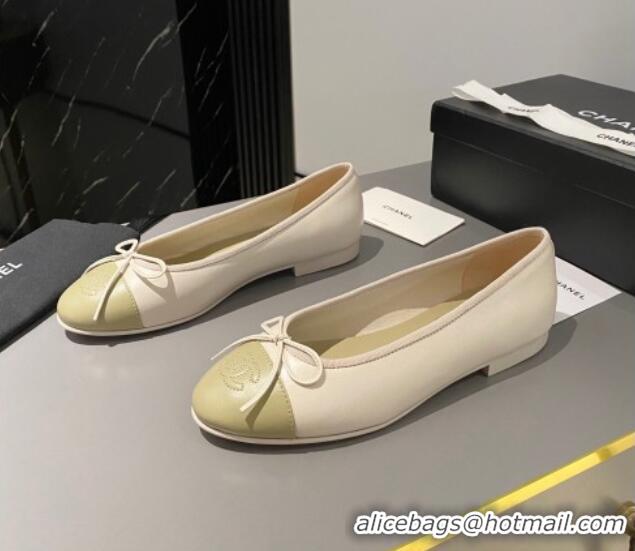 Best Product Chanel Leather Classic Ballet Flat White/Light Green 016006