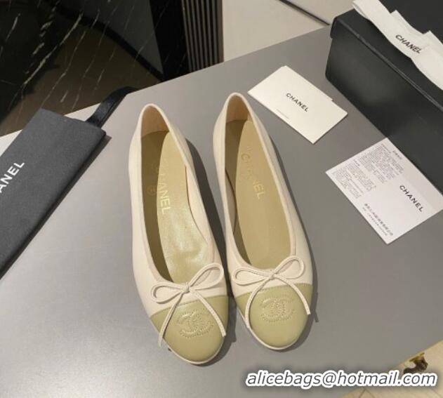 Best Product Chanel Leather Classic Ballet Flat White/Light Green 016006