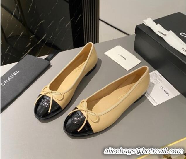 Durable Chanel Leather Classic Ballet Flat Beige/Black 016010