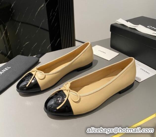 Durable Chanel Leather Classic Ballet Flat Beige/Black 016010