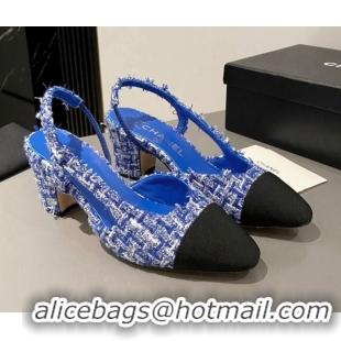 Best Grade Chanel Tweed Classic Slingback Pumps 6cm Blue 016014