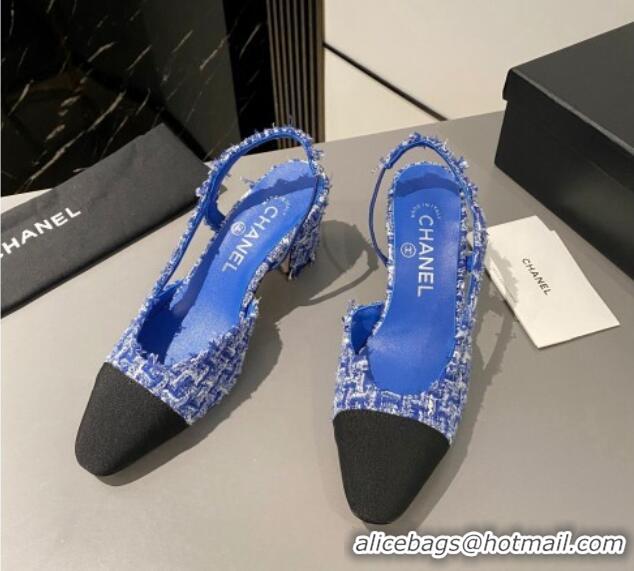 Best Grade Chanel Tweed Classic Slingback Pumps 6cm Blue 016014