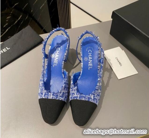 Best Grade Chanel Tweed Classic Slingback Pumps 6cm Blue 016014