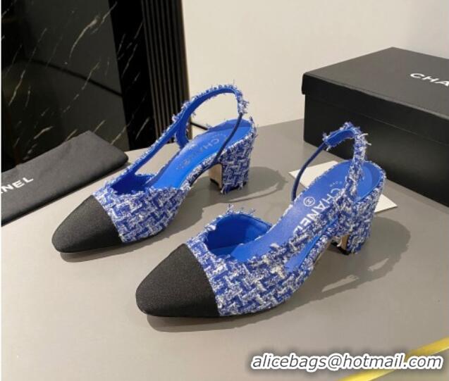 Best Grade Chanel Tweed Classic Slingback Pumps 6cm Blue 016014