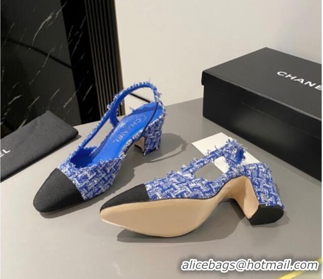 Best Grade Chanel Tweed Classic Slingback Pumps 6cm Blue 016014