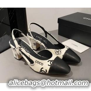 Purchase Chanel Coco CC Lambskin Classic Slingback Pumps 6cm White/Black 016018