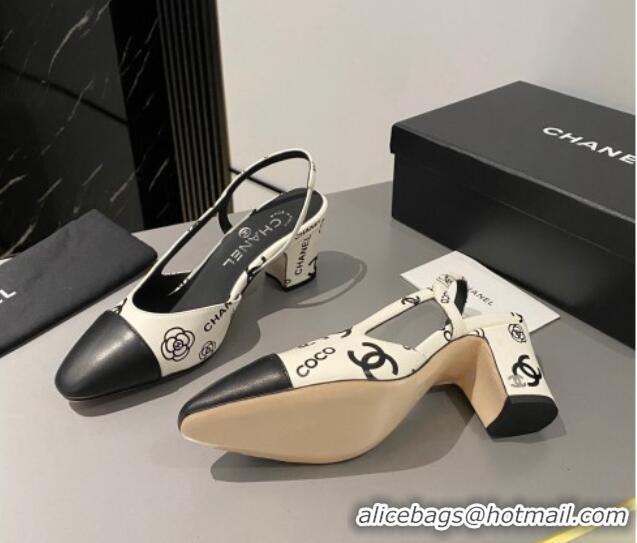 Purchase Chanel Coco CC Lambskin Classic Slingback Pumps 6cm White/Black 016018