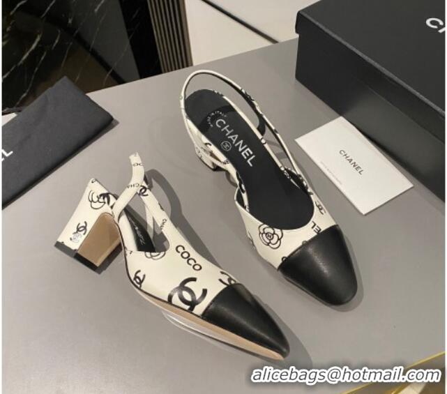 Purchase Chanel Coco CC Lambskin Classic Slingback Pumps 6cm White/Black 016018