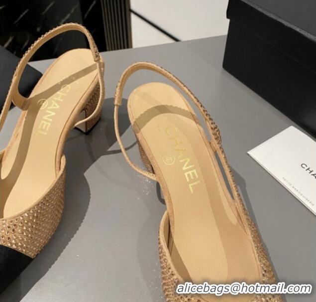 Best Product Chanel Crystals Suede Classic Slingback Pumps 6cm Beige 016020