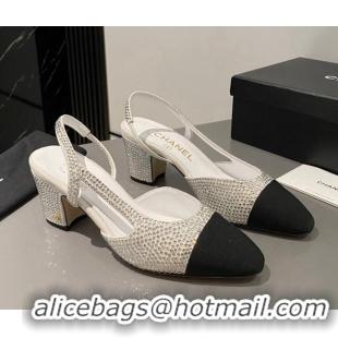 Good Quality Chanel Crystals Suede Classic Slingback Pumps 6cm White 016021