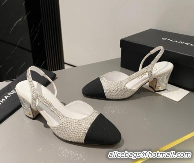 Good Quality Chanel Crystals Suede Classic Slingback Pumps 6cm White 016021