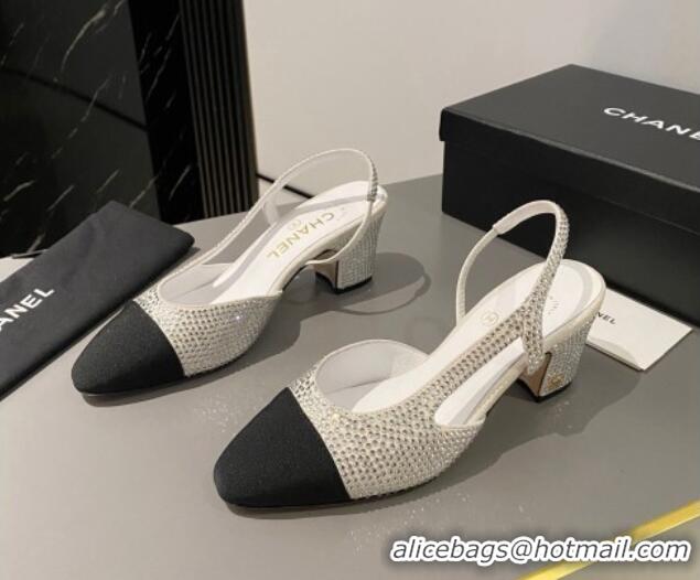 Good Quality Chanel Crystals Suede Classic Slingback Pumps 6cm White 016021