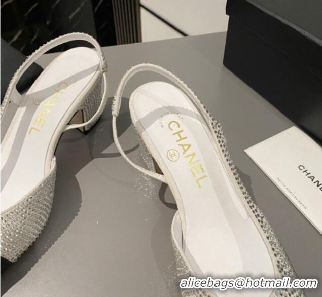 Good Quality Chanel Crystals Suede Classic Slingback Pumps 6cm White 016021