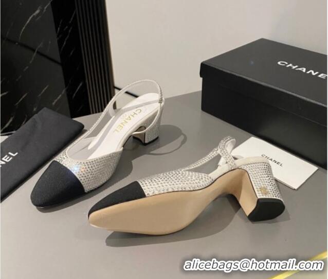 Good Quality Chanel Crystals Suede Classic Slingback Pumps 6cm White 016021