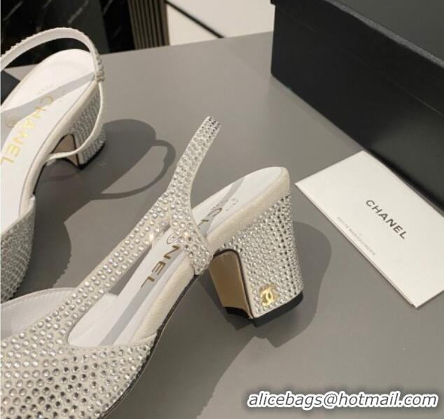 Good Quality Chanel Crystals Suede Classic Slingback Pumps 6cm White 016021