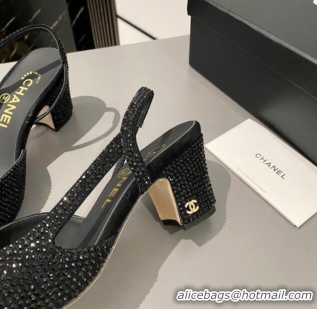 Best Price Chanel Crystals Suede Classic Slingback Pumps 6cm Black 016022