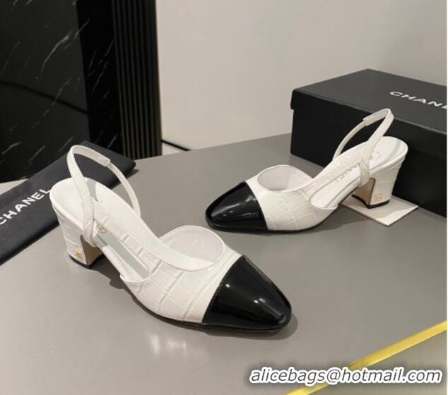 Unique Style Chanel Stone Embossed Calfskin Classic Slingback Pumps 6cm White 1016023