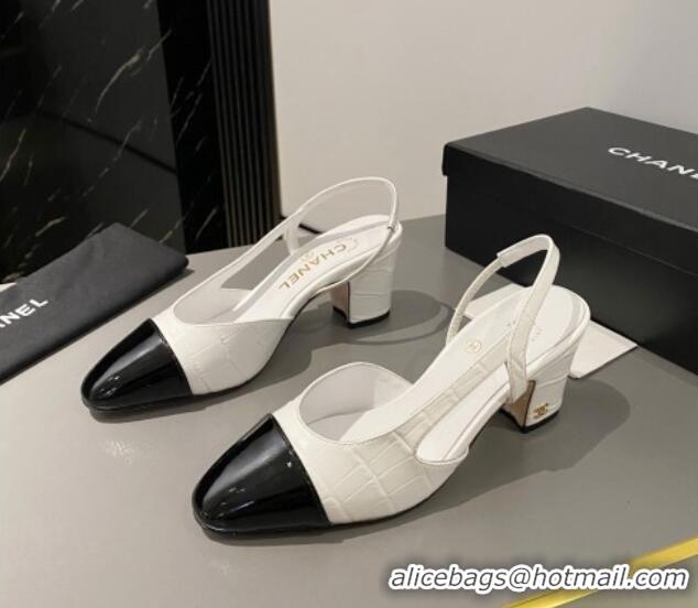 Unique Style Chanel Stone Embossed Calfskin Classic Slingback Pumps 6cm White 1016023