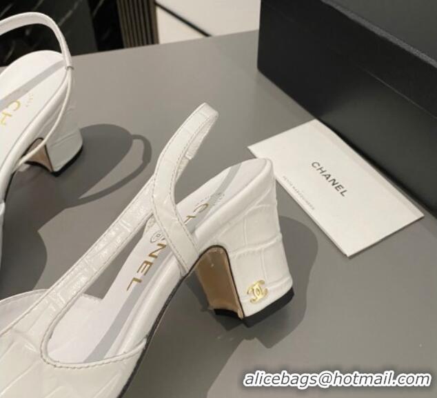 Unique Style Chanel Stone Embossed Calfskin Classic Slingback Pumps 6cm White 1016023