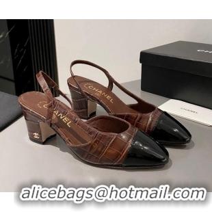 Popular Style Chanel Stone Embossed Calfskin Classic Slingback Pumps 6cm Brown 016024