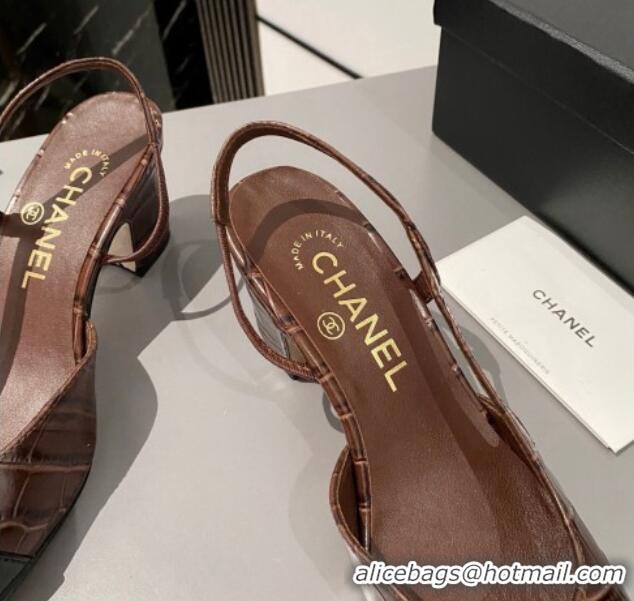 Popular Style Chanel Stone Embossed Calfskin Classic Slingback Pumps 6cm Brown 016024