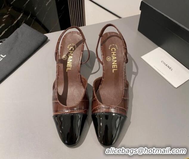 Popular Style Chanel Stone Embossed Calfskin Classic Slingback Pumps 6cm Brown 016024