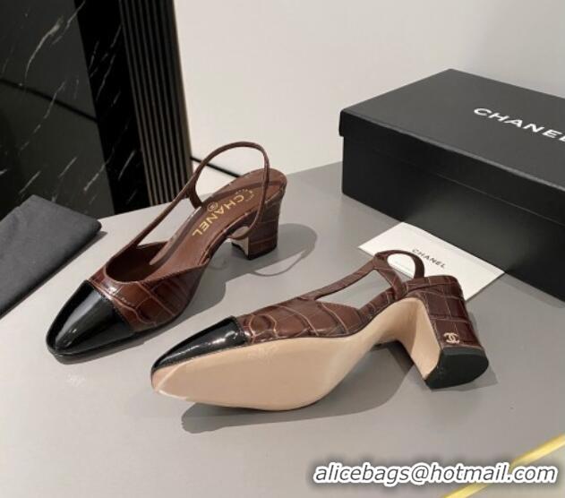 Popular Style Chanel Stone Embossed Calfskin Classic Slingback Pumps 6cm Brown 016024