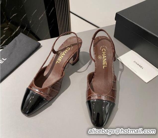 Popular Style Chanel Stone Embossed Calfskin Classic Slingback Pumps 6cm Brown 016024