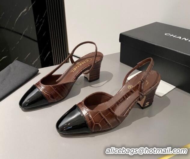 Popular Style Chanel Stone Embossed Calfskin Classic Slingback Pumps 6cm Brown 016024