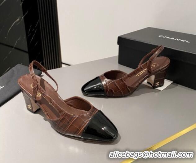 Popular Style Chanel Stone Embossed Calfskin Classic Slingback Pumps 6cm Brown 016024