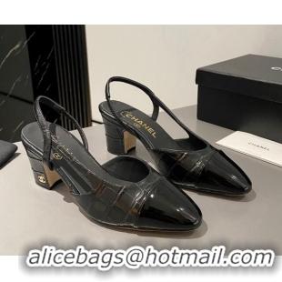 Durable Chanel Stone Embossed Calfskin Classic Slingback Pumps 6cm Black 016025