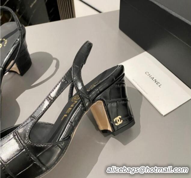 Durable Chanel Stone Embossed Calfskin Classic Slingback Pumps 6cm Black 016025