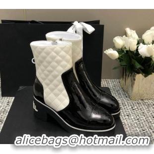 Luxurious Chanel Quilted Lambskin and Patent Calfskin Heel Ankle Boots 6cm Black/White 016114