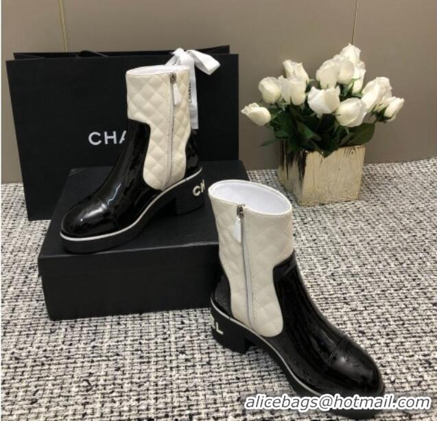 Luxurious Chanel Quilted Lambskin and Patent Calfskin Heel Ankle Boots 6cm Black/White 016114