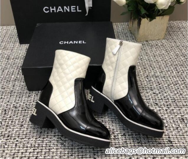 Luxurious Chanel Quilted Lambskin and Patent Calfskin Heel Ankle Boots 6cm Black/White 016114