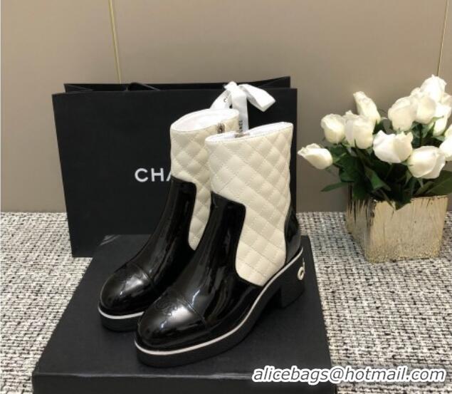 Luxurious Chanel Quilted Lambskin and Patent Calfskin Heel Ankle Boots 6cm Black/White 016114