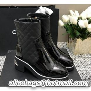 Low Price Chanel Quilted Lambskin and Patent Calfskin Heel Ankle Boots 6cm Black 016115