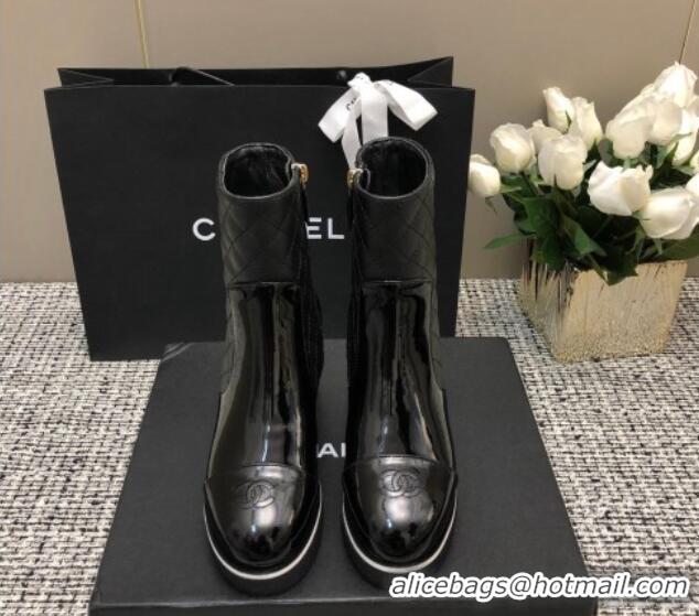 Low Price Chanel Quilted Lambskin and Patent Calfskin Heel Ankle Boots 6cm Black 016115