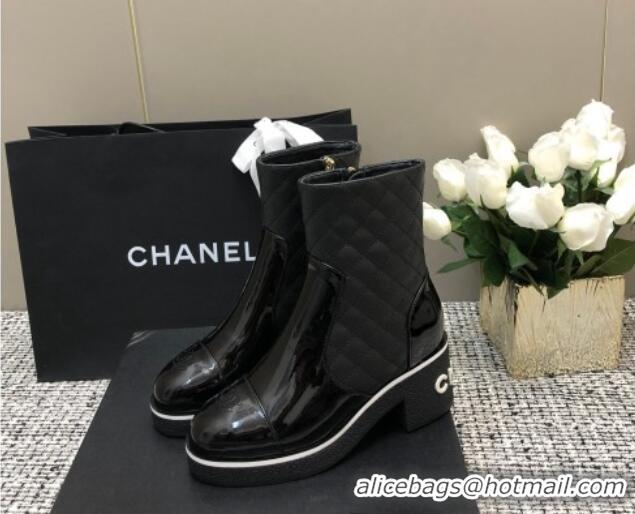 Low Price Chanel Quilted Lambskin and Patent Calfskin Heel Ankle Boots 6cm Black 016115