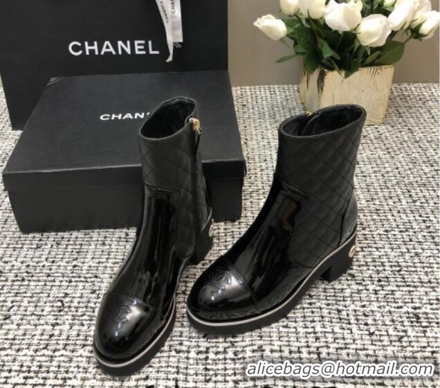 Low Price Chanel Quilted Lambskin and Patent Calfskin Heel Ankle Boots 6cm Black 016115